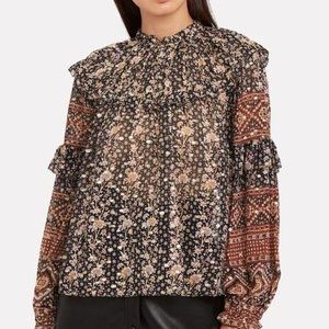 Ulla Johnson Eleni Ruffled Bib Floral Metallic Lurex Dot Long Sleeve Blouse